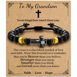 Alissl Soccer Cross Bracelet for Boys, Gold Tiger Eye Natural Stone Bracelet Adjustable, Christmas Christian Baptism Birthday Soccer Gifts for Son Grandson Husband(To My Grandson)