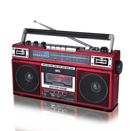 QFX J-220BT Red Boombox MP3 Conversion from Radio to Cassette with 4-Band (AM, FM, SW1, SW2) Radio with Bluetooth, Dual 3” Speakers, Built-in Microphone, Recorder, and a 3-Band Equalizer