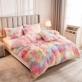 Uhamho Luxury Fluffy 1PC Duvet Cover Faux Fur Plush Shaggy Quilt Cover Velvet Bedspread Zipper Closure, No Pillow Sham, No Comforter (Rainbow, Queen)