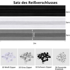 yeestone Zipper - 2 m Continuous Zip with Zip End - 6 Pieces Separable Continuous Zip Sold by the Metre - 3 mm Seam Concealed Zip for Bedding Pillow Case Bag