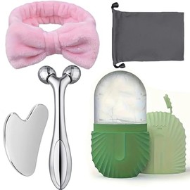 Juego de 5 herramientas de masaje facial, placa raspadora de acero inoxidable y rodillo 3D, bandeja de hielo de silicona: herramienta reutilizable de compresas frías faciales, no requiere elec (Green)