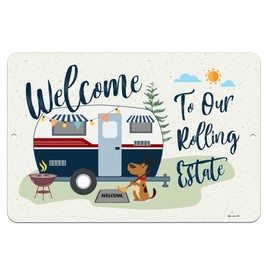Dyenamic Art Welcome to Our Rolling Estate - Camping Metal Sign - Vintage Camper, RV, Travel Trailer Decor - 8x12 in