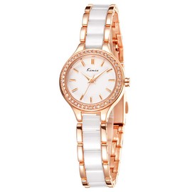 KIMIO K6121 Women's Watch - Simple Women's Watch - White Ceramic - Rose Gold Watch Band - Diamond Dial - Women's Wristwatch