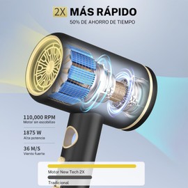 Secador de Pelo Profesional,1875 W Secador de Pelo IóNico de Alta Velocidad con Difusor/Concentrador/Boquilla Para Peinar,Control Inteligente de Temperatura,Bajo Nivel de Ruido Para Casa/SalóN/Viaje (Negro)