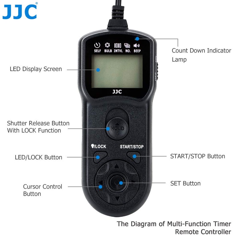JJC Multi-function Timer Remote Control with Tripod Holder Clamp for