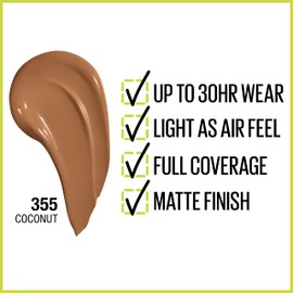 Maybelline Super Stay Full Coverage Liquid Foundation Active Wear Makeup, Up to 30Hr Wear, Transfer, Sweat & Water Resistant, Matte Finish, Coconut, 1 Count