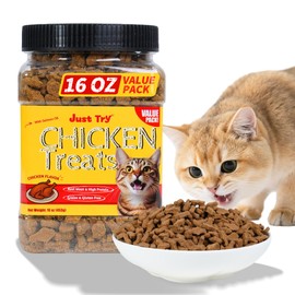 Just Try 16 OZ Cat Treats for Indoor Cats, High Protein Low-Calorie Cat Snacks, Healthy Crunchy Treats, Grain Free Natural Chicken Flavor