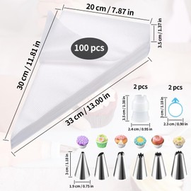 Czwander Spritzbeutel Einweg, 100 Stück Spritzbeutel 20 * 30CM + 6 Spritztüllen + 2 Kuchentüllen + zwei Spritzbeutel-Oberseiten-Gummibänder zum Dekorieren von Kuchen und Keksen