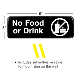 Excello Global Products No Food or Drink Sign: Easy to Mount Informative Plastic Sign with Symbols 9x3, Pack of 3 (Black)