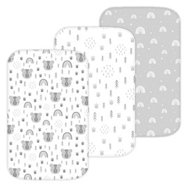 Bassinet Sheets for Mika Micky, Cuddor, Evolur Bedside Sleeper by TansyPanda, 3 Pack, 19 x 32 Inch, Ultra Soft, Breathable, and Snug Fit, Unisex Boys and Girls, Gray White (Woodland Rainbow)