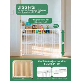 29.5-43" No Bottom Bar Baby Gate for Stairs, Auto Close Dog Gate Indoor, Hardware Mounted, Child Safety Gate for Kids with Large Walk Thru Door, Pet Gate for Doorways adn Stairs - White