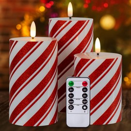 Yongmao Red Stripe Flameless Pillar Candles with Timer, Real Wax Flickering Battery Operated Candles for Christmas Holiday Home Decor, Set of 3 (D3 x H4 5" 6")
