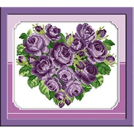 CaptainCrafts Cross Stitch Kit Counted Cross Stitch Unprinted Fabric DIY Art DMC Cross Stitch Embroidery Kits for Adults (Counted 14CT, Rose Heart Purple)