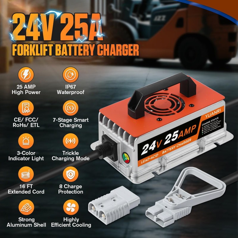 YUANRI Forklift Battery Charger 24V 25A, IP67 Waterproof, 24 Volt