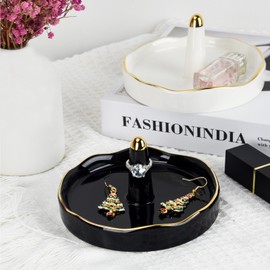 Boveker Ring Holder for Jewelry, Ceramic Jewelry Dish Tray, Ring Trinket Dish for Rings Earrings Bracelet Keys, Engagement Wedding Birthday Mother's Day Christmas Gifts for Women (Black)