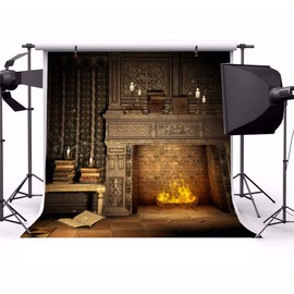 Laeacco Fantasy Room Interior Backdrop 6.5x6.5ft Vinyl Photography Background Flame and Fireplace Magical Books Candle Retro House Background