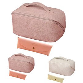 Large-Capacity Travel Cosmetic Bag Portable Leather Makeup Pouch Women Waterproof Bathroom Washbag Multifunction Toiletry Kit (B-Pink)