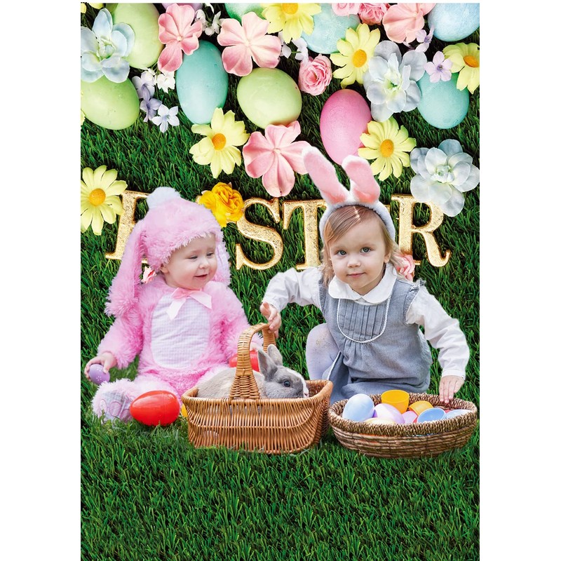 CHAIYA 5X7FT Happy Easter Backdrop Spring Green Grass Photography Background