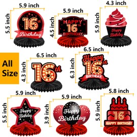 Happy 16th Birthday Red and Black Table Honeycomb Centerpieces Balloons Theme Decor Table Decorations Table Toppers for Girls Women Princess 16 Years Old Birthday Party Bday Supplies Background Gold