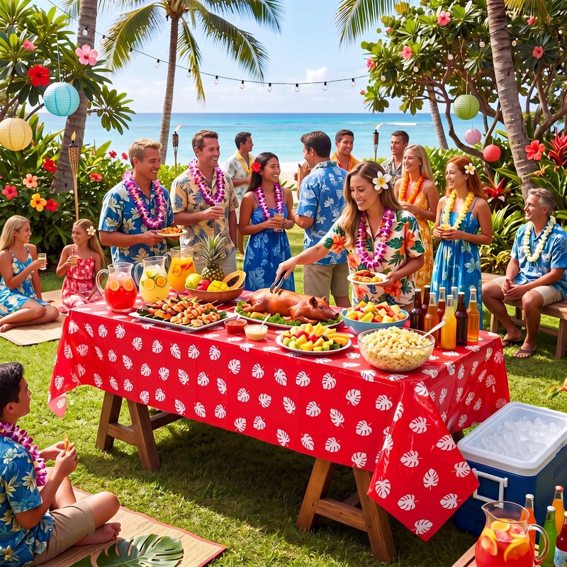 Fanfanwin 3 Pcs Hawaiian Luau Tablecloths Red and White Tropical