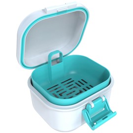 ARGOMAX Leak Proof Denture Bath Cup, Travel Denture Cleaning Case with Strainer, Portable Retainer Cleaner Box for Soaking Aligner and Denture Holder(White + Cyan).