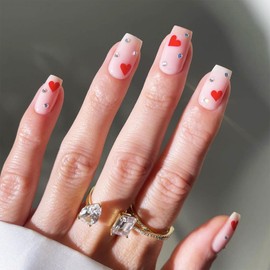 Valentines Press on Nails 24Pcs Glossy Red Love Heart False Nails Red Love Heart Acrylic Medium Square Fake Nails Rhinestones Stick on Nails Romantic Gift Gel Glue on Nails for Coquette Women Girls