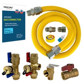 PROCURU 1" OD x 48" (4Ft) x 3/4"MIP x 3/4"FIP Flexible Gas Connector Kit, with Gas Valve and Service Valve Kit (FxF), WP Stainless Steel MaxFlow Tubing for Tankless Water Heater (Blue-E1 Series)