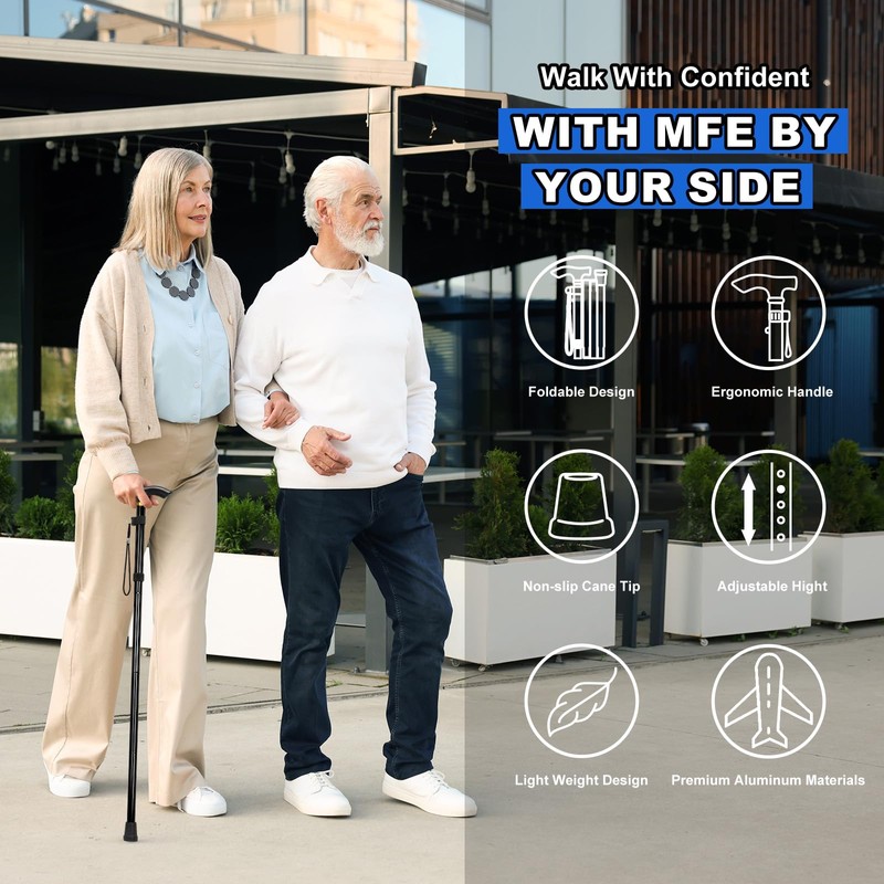 MFE Folding Cane, Portable 5-Level Adjustable Height Walking Stick with