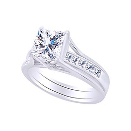 AFFY Princess White Cubic Zirconia Engagement Bridal Ring Set in 14k White Gold Over Sterling Silver (2 cttw) Ring Size-7.5