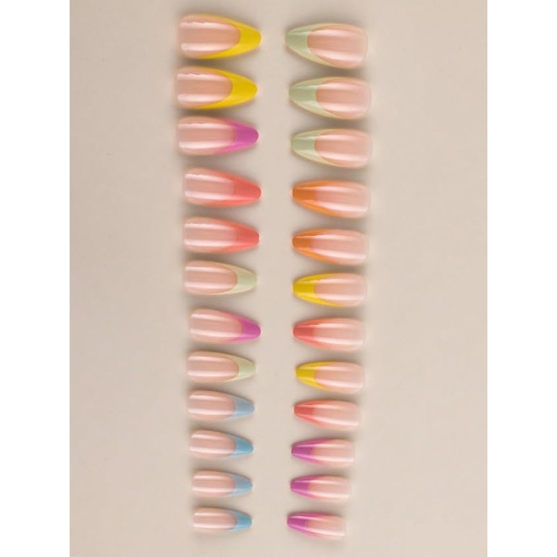 Almond Shape Spring Pastel Rainbow French Tip Press-On Nails, 24