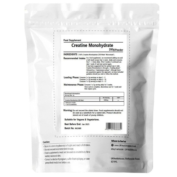 250g UKHealthHouse 100% Pure Creatine Monohydrate Powder - Micronised for