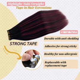 Black Tape in Hair Extensions Human Hair for Women Remy Balayage Yaki Straight PU Tape in Extensions Seamless Skin Weft Hair Ombre Black to Red Wine Invisible Tape Ins for Full Head 50g 20pcs