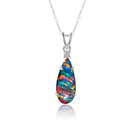 GEMKORA Black Opal with CZ Crystal Pendant Necklace, Fire Play Gemstone, Birthstone Crystal, Healing Stone, Gift for Women Mom Her, Statement Jewellery, 925 Sterling Silver 18 inch