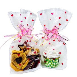 Artboil 50pcs Treat Bag Cellophane Bag Bakery Cookie Bag, Party Favor Bags for Bakery, Candy, Cookie (6 X 10 Inches, w/ 50pcs Pull Bow Twist Ties) - Loving Heart