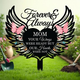 Memorial Garden Stake with Wings Design, Forever and Always Mom Tribute, Butterfly Decorated Yard Sign