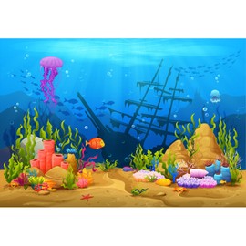 Under The Sea Aquarium Background Underwater Game Level Landscape Terrarium Background Tropical Corals Fish Shoal Sunken Ship Fish Tank Backdrop Cartoon Ship Wrecks Coral Reef Backdrops 72x24in