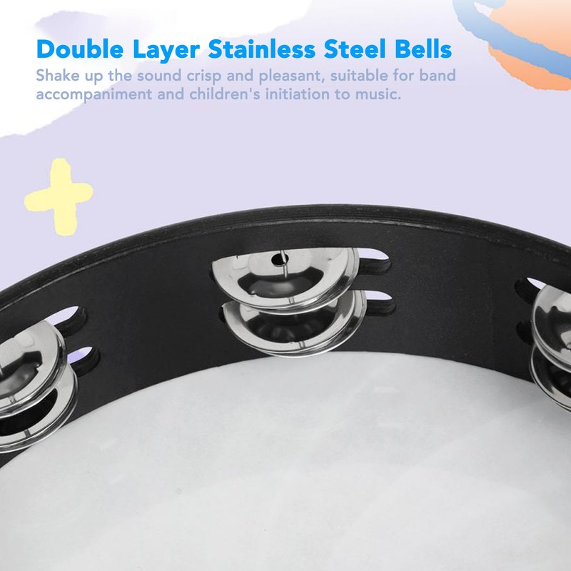 Handheld Tambourine 10 Inch Double Layer Bell Piece Solid Wood
