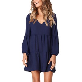 Amoretu Women's Long Sleeve Tunic Loose Casual Swing Shift Mini Dress, Spring, Summer, 2025 (Navy, L)