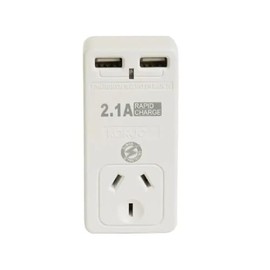 Korjo AUS USB Adaptor Australia, 2X USB Sockets, 1x AUS/NZ Socket, White