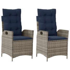 vidaXL Reclining Patio Chairs Set of 2 with Navy Blue Cushions, Adjustable Poly Rattan Loungers for Garden & Outdoor