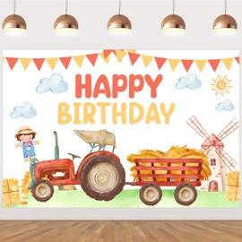 Wonmelody 5 * 3ft Tractor Birthday Backdrop Red Farm Tractor Party Decor Red Tractor Party Decor Tractor Themed Happy Birthday Party Backdrop Barnyard Tractor Party Decor for 1st 3rd Tractor Birthday