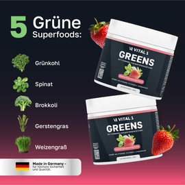 Vital 1 Greens mit 7 Bakterienkulturen, 5 grünen Superfoods und Vitaminen & Mineralstoffen, Monatspackung 150g, Erdbeer-Basilikum-Geschmack, Getränkepulver