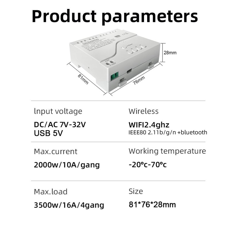Otcboimo Smart WiFi Wireless Relay Switch Module, Tuya 4CH AC/DC