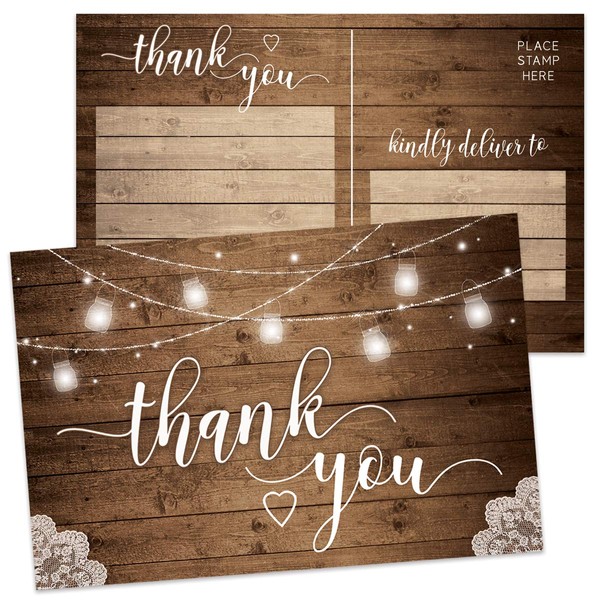 Printed Party Thank You Cards, Double-Sided, Rustic, Set of 50