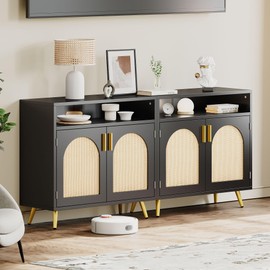 DWVO Buffet Cabinet Sideboard w/Rattan, 2 Pieces Black Rattan Cabinet w/Storage Rattan Decorated Doors, Modern Coffee Bar Cabinet 300 lbs Capacity w/Adjustable Shelves for Kitchen & Living Room
