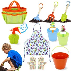 Kids Gardening Set,12 PCS Toddler Gardening Set Include Tote Bag,Rake, Fork,Shovels,Apron,Toddler Gardening Gloves and Kids Watering Can,Kids Gardening Tools Gift,Green
