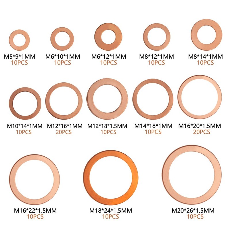 150PCS Copper Washers Assortment Set 8 Sizes Crush Washers Flat