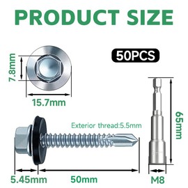 5.5x50 mm Self-Drilling Roofing Screws, 50 pcs Hex Head Self Tapping Screws, Hex Head Self-Drilling Roof Screws with Rubber Sealing Washer. with Hex Socket, Zinc Plat.