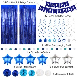 Blue Birthday Decorations Set, Happy Birthday Banner Foil Curtains Honeycomb Balls Hanging Swirls and Balloons Circle Dots Garland for Party Decoration Supplies