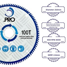 .PRO Circular Wood Saw Blade 210mm x 100T x 30mm Bore TCT (25, 20 and 16mm Reduction Ring) - Compatible with Makita, Evolution, DeWalt, Milwaukee, Bosch, Mitre Saws, Table Saws, Wood Saw